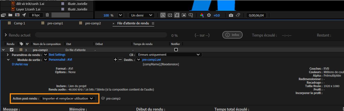 L’option Module de sortie s’affiche et l’action de post-rendu est actuellement définie sur Importer et remplacer utilisation.
