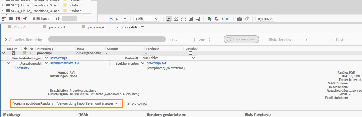 Die Option „Ausgabemodul“ ist geöffnet, und als Aktion nach dem Rendern ist derzeit „Verwendung importieren und ersetzen“ eingestellt.
