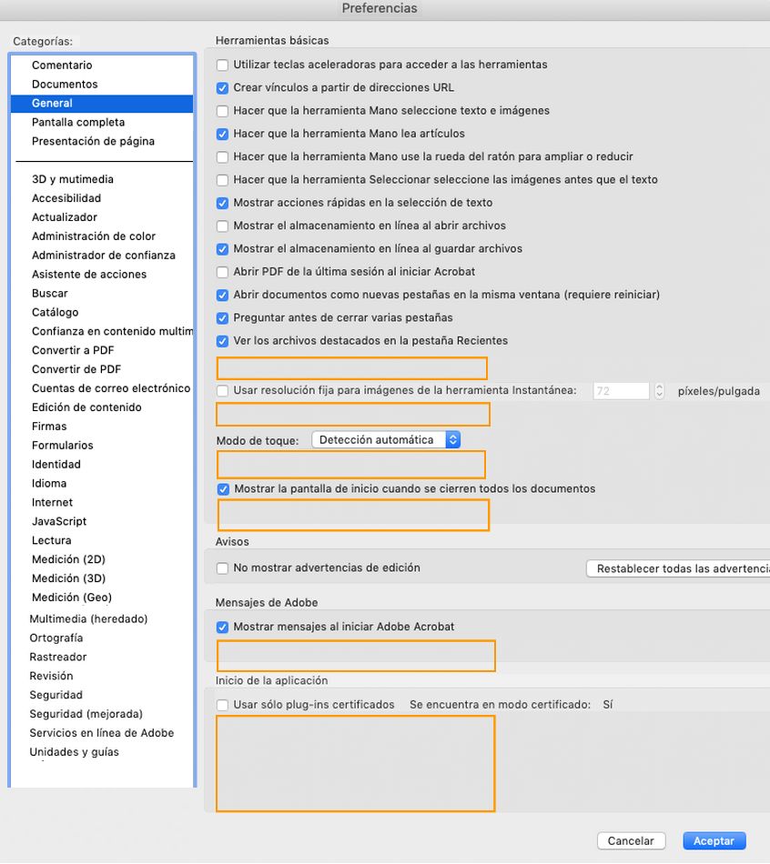Cuadro de diálogo Preferencias generales en macOS