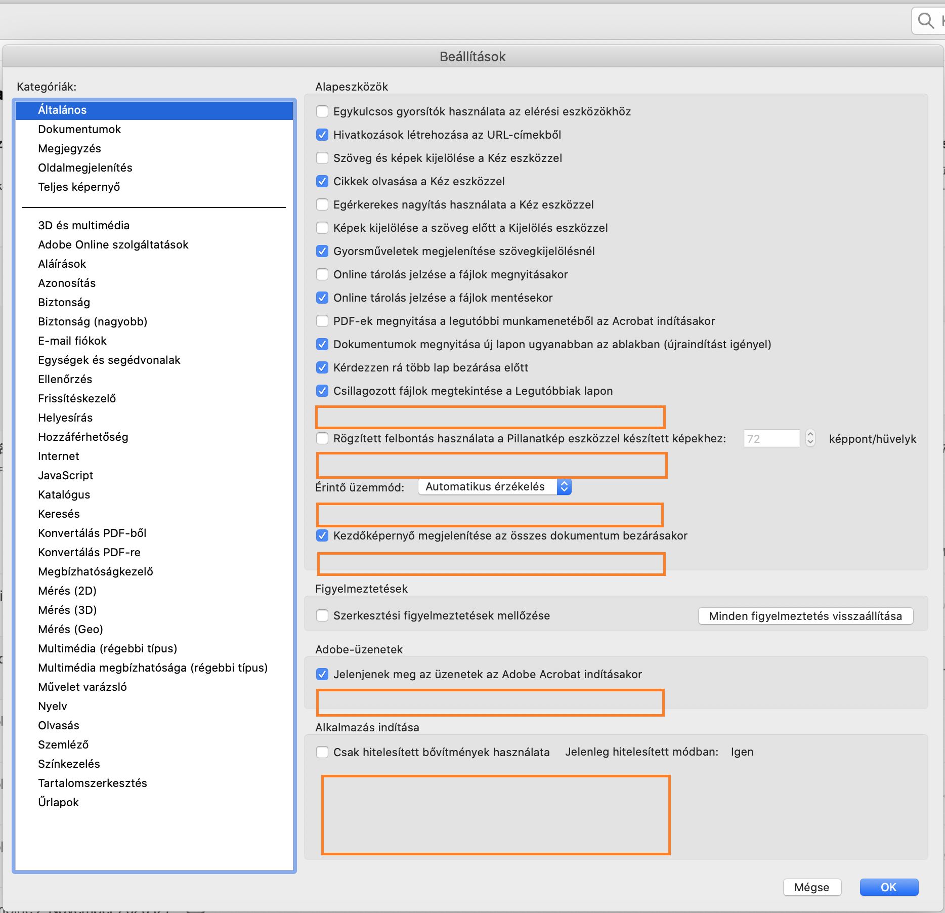 Általános beállítások párbeszédpanel macOS rendszer esetén