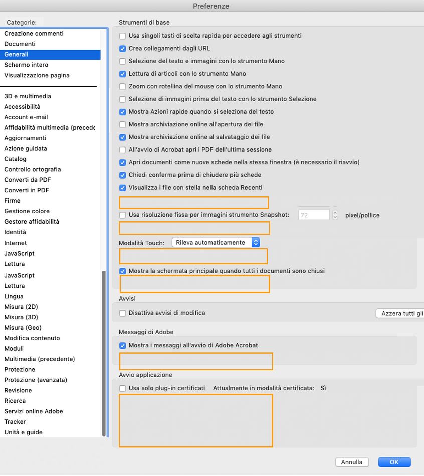 Finestra di dialogo Preferenze generali su macOS