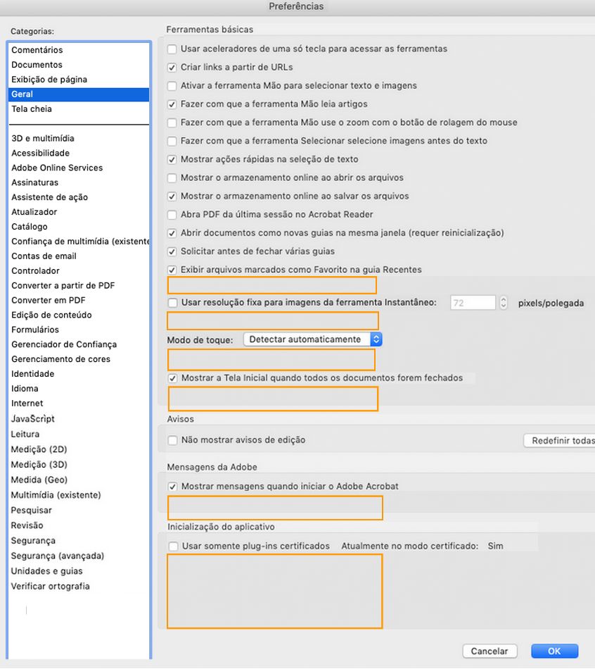 Caixa de diálogo Preferências gerais no macOS