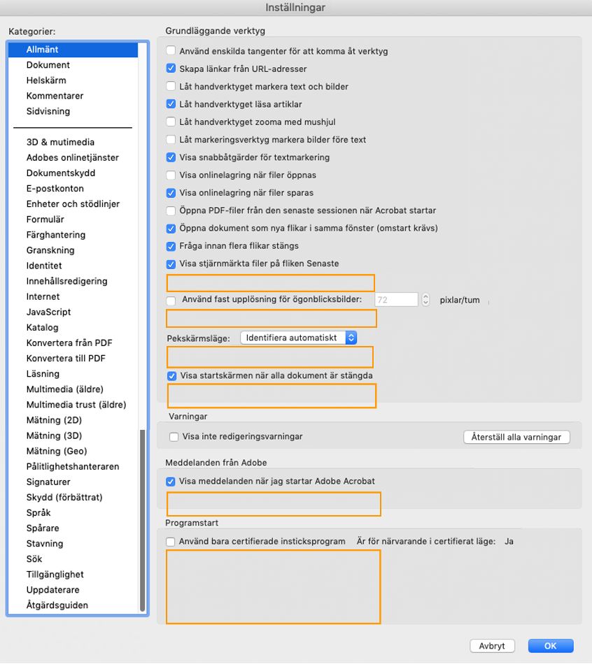 Dialog för allmänna inställningar på macOS