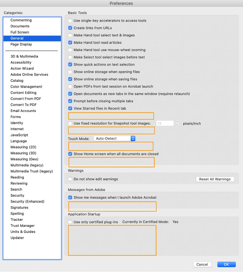 תיבת הדו-שיח General Preferences ב-macOS