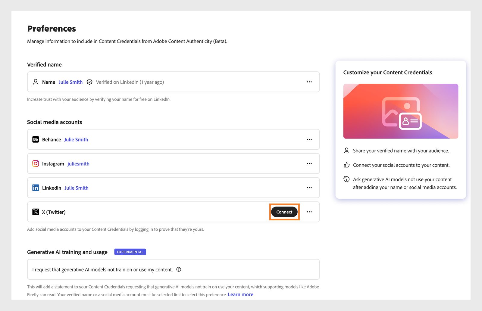 Di bagian Preferensi, pilih tombol Hubungkan yang disorot dengan warna hitam di samping platform media sosial yang ingin Anda hubungkan dengan Content Credentials Anda.