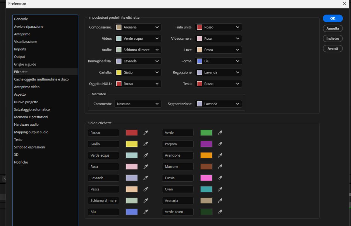 La finestra di dialogo Preferenze mostra i dettagli delle etichette da configurare, compresi i predefiniti e i colori delle etichette.
