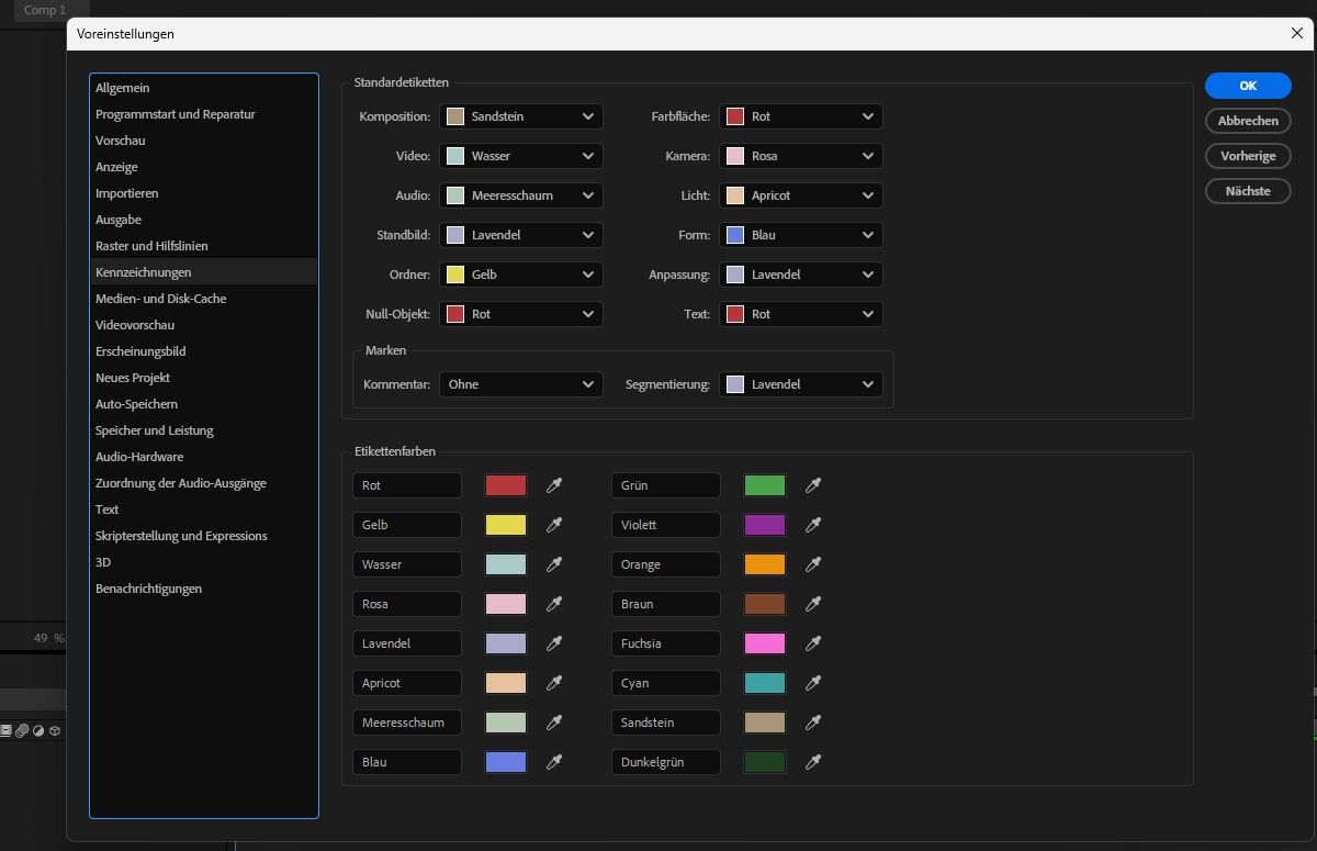 Im Dialogfeld „Voreinstellungen“ werden die zu konfigurierenden Kennzeichnungsdetails, einschließlich „Standardetiketten“ und „Etikettenfarben“, angezeigt.