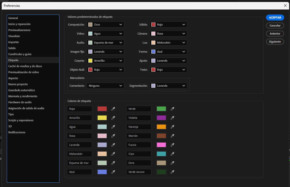 El cuadro de diálogo Preferencias muestra los detalles de las etiquetas que se configuran, incluidos los valores predeterminados de etiqueta y los colores de la etiqueta.