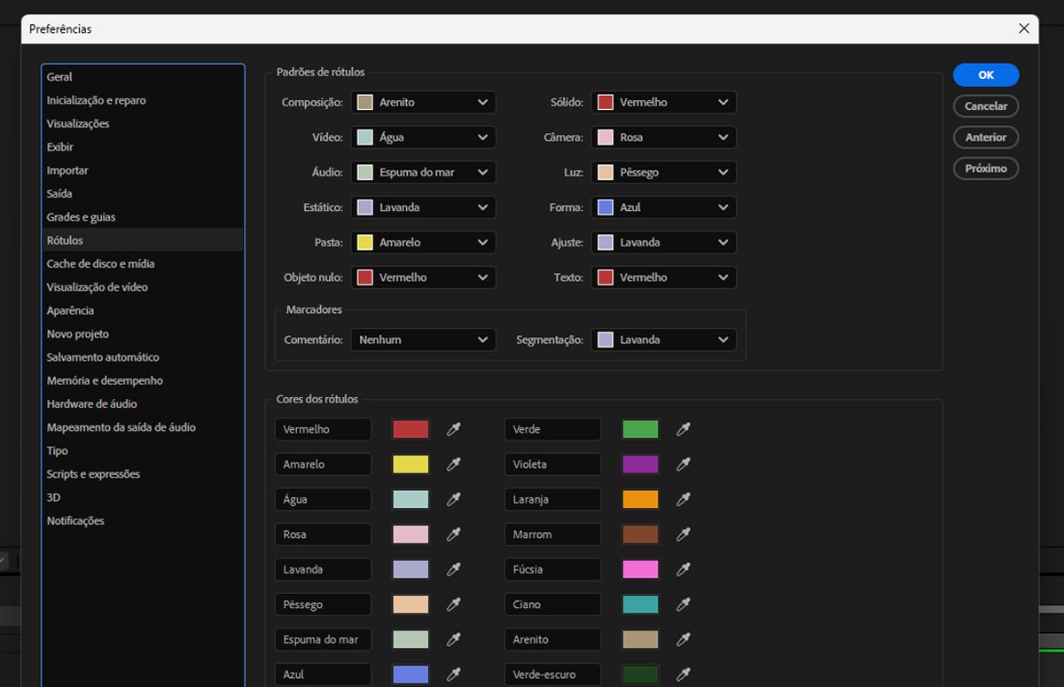 A caixa de diálogo Preferências mostra detalhes dos rótulos para configurar, incluindo padrões de rótulos e cores de rótulos.