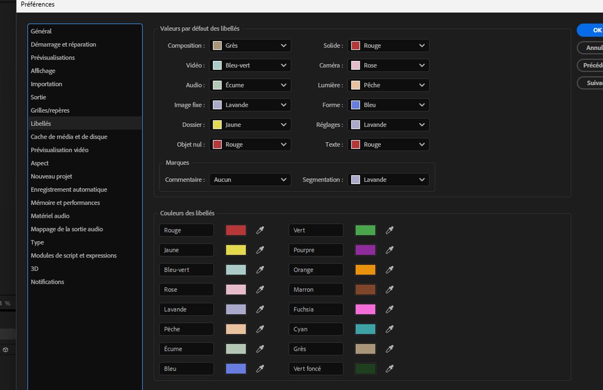 La boîte de dialogue Préférences affiche les détails des libellés à configurer, y compris Valeurs par défaut des libellés et Couleurs des libellés.