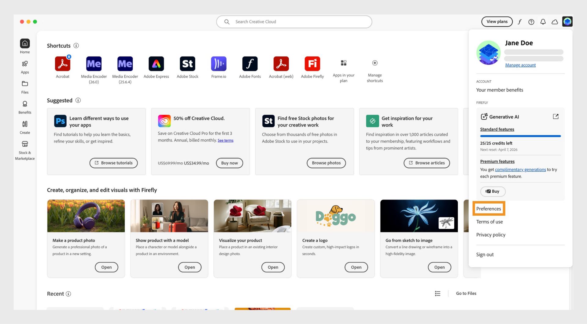 Nolaižamajā izvēlnē Konts ir redzamas tādas opcijas kā Preferences, Izrakstīties un Adobe konts. 