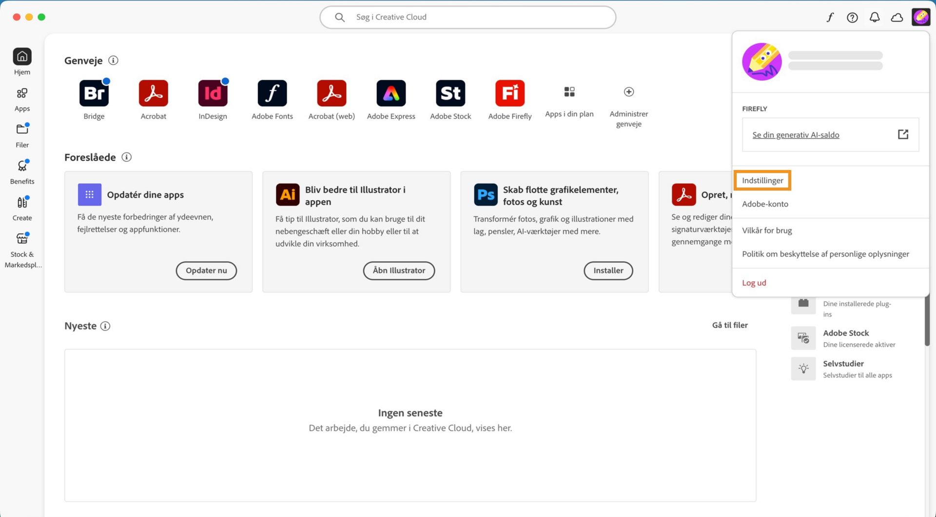 Rullemenuen Konto viser muligheder som Præferencer, Log ud og Adobe-konto. 