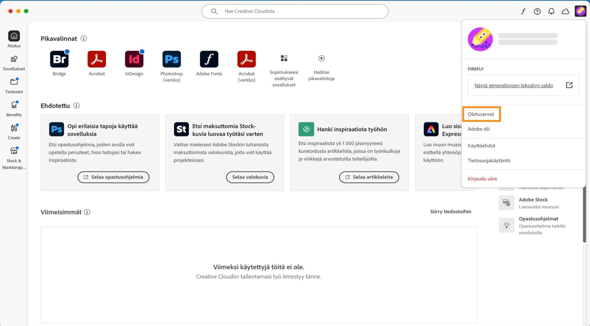 Avattavassa Tili-valikossa näkyy useita vaihtoehtoja, kuten Asetukset, Kirjaudu ulos ja Adobe-tili. 