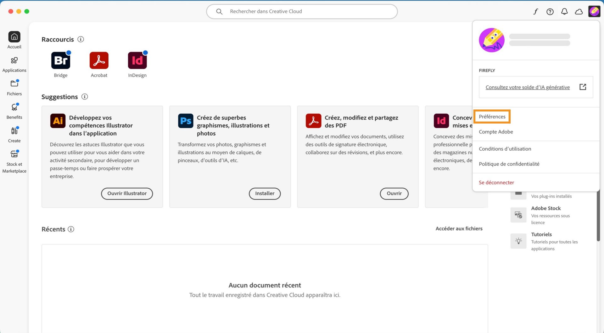 Le menu déroulant Compte affiche des options telles que Préférences, Se déconnecter et Compte Adobe. 
