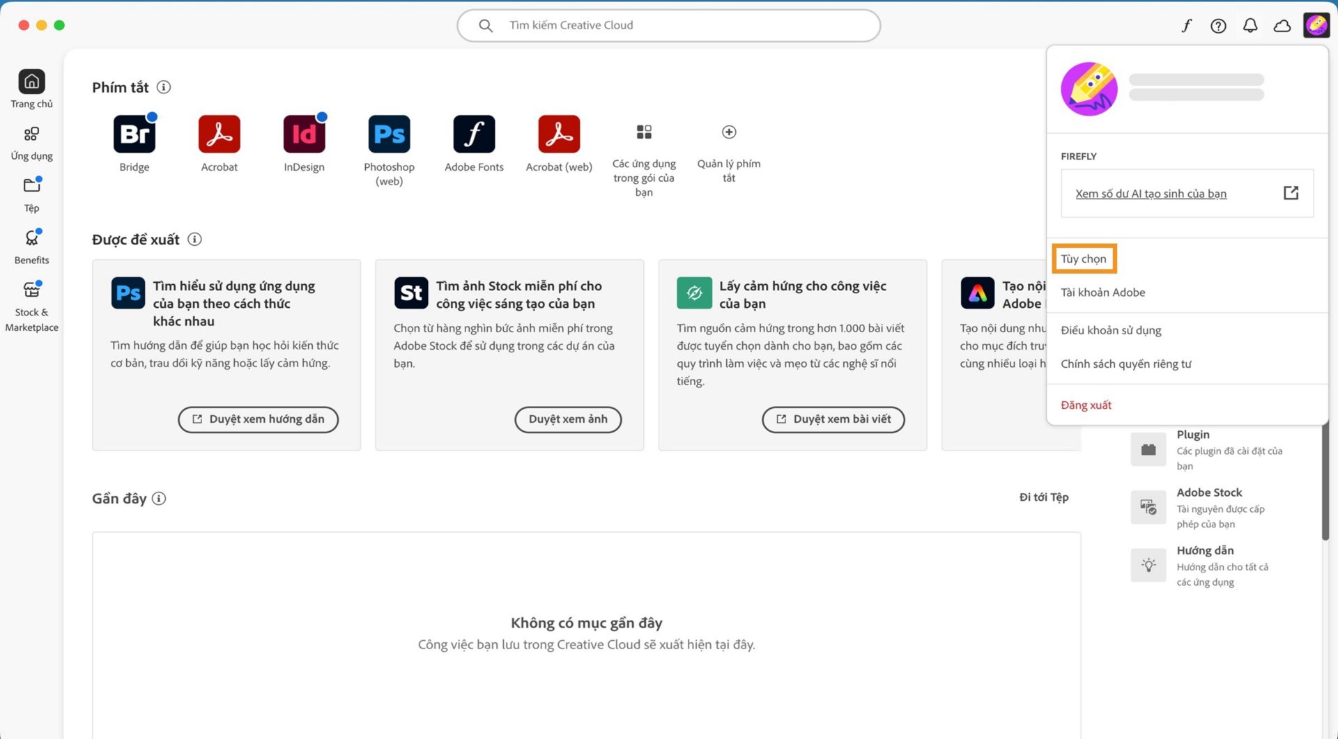 Menu thả xuống Tài khoản hiển thị các tùy chọn như Lựa chọn ưu tiên, Đăng xuất và Tài khoản Adobe. 