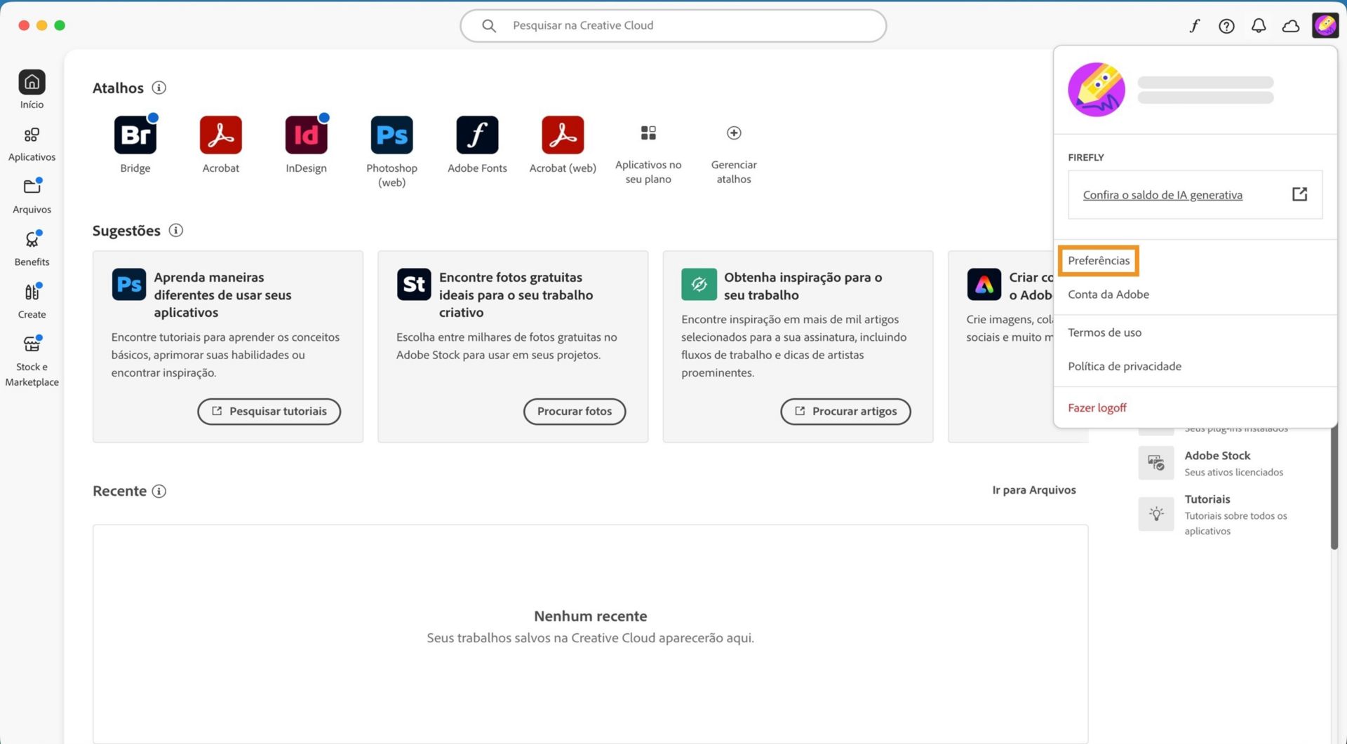 O menu suspenso Conta mostra opções como Preferências, Sair e Conta da Adobe. 