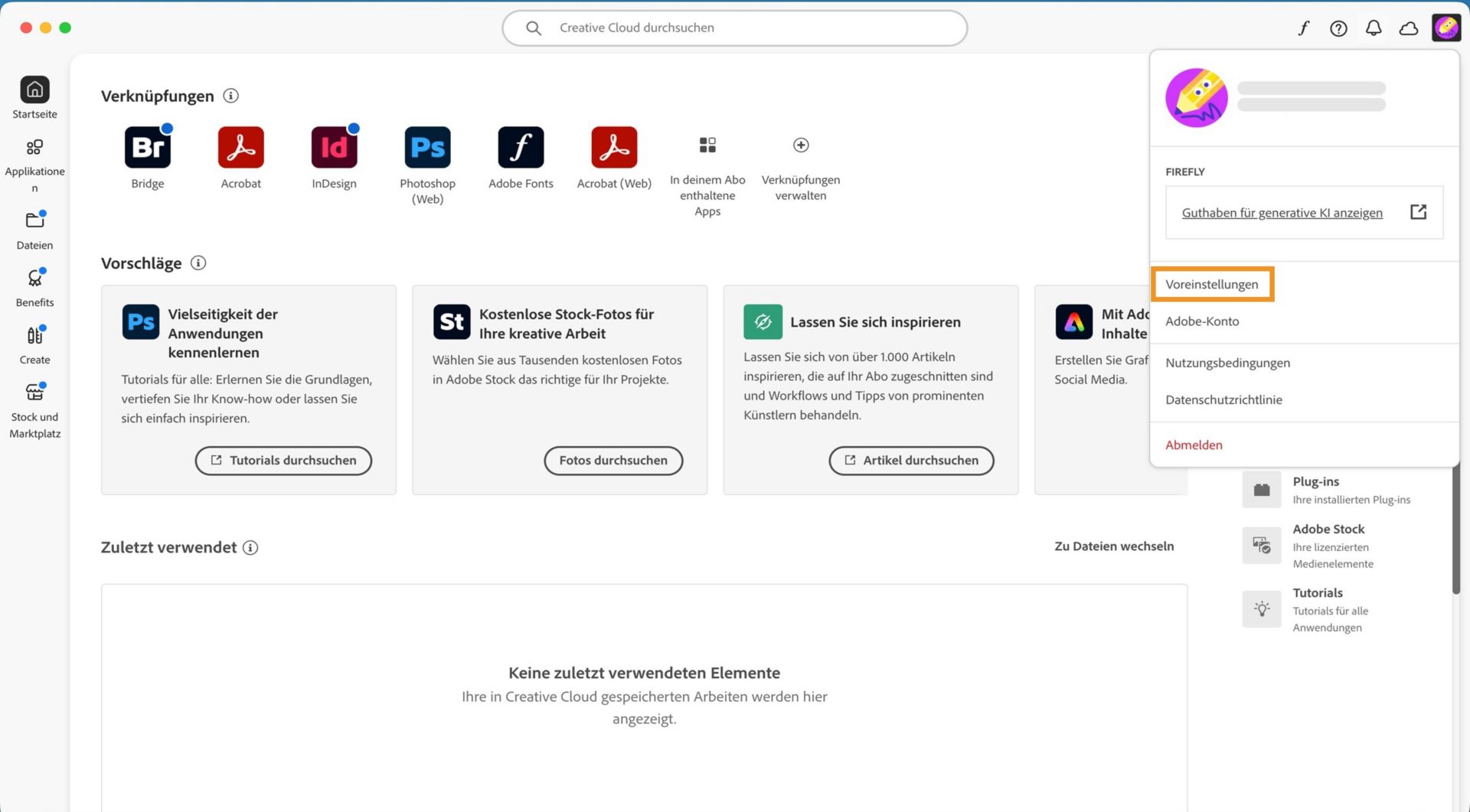 Im Dropdown-Menü „Konto“ werden Optionen wie „Voreinstellungen“, „Abmelden“ und „Adobe-Konto“ angezeigt. 
