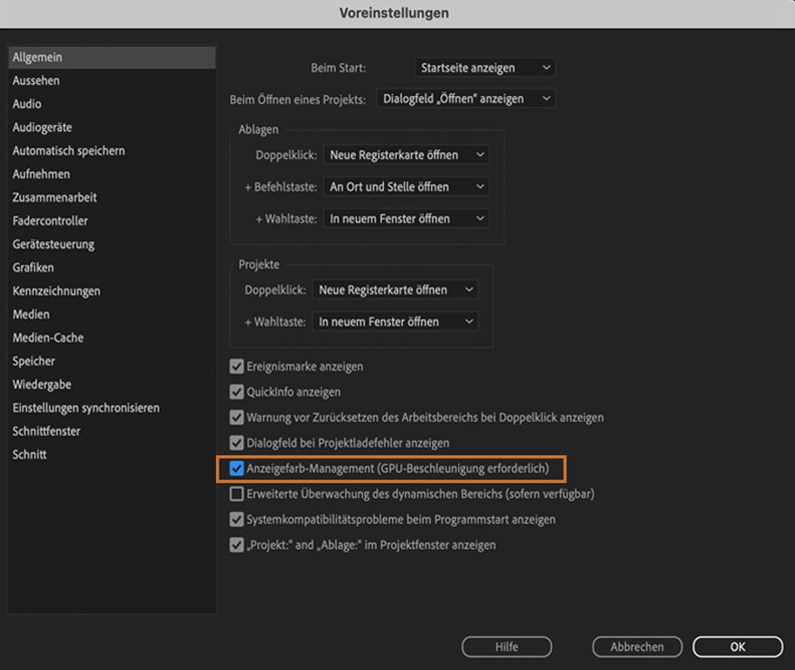 Aktivieren des Farb-Managements in Premiere Pro