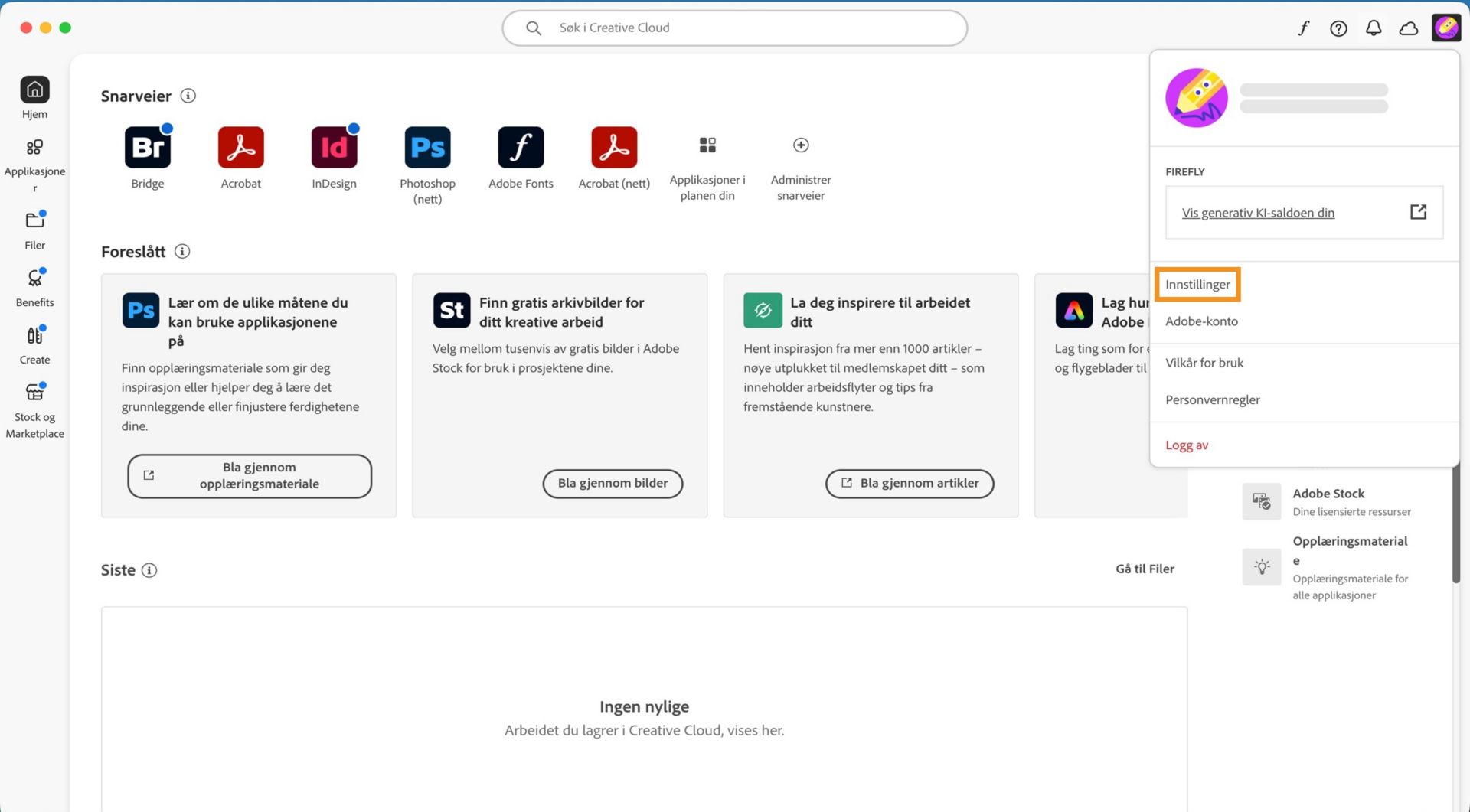 I Konto-rullegardinmenyen finner du bl.a. alternativene Innstillinger, Logg av og Adobe-konto. 