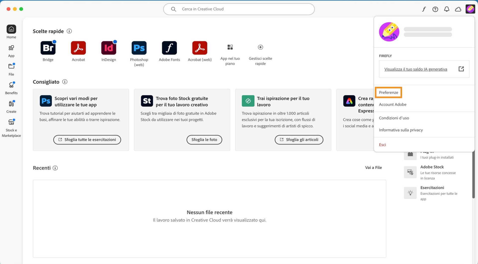 Il menu a discesa Account mostra opzioni come Preferenze, Esci e Account Adobe. 
