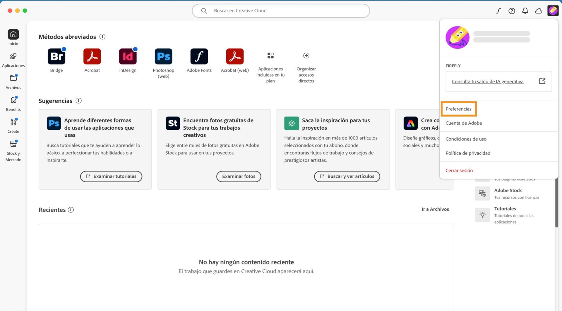 La lista desplegable Cuenta muestra opciones como Preferencias, Cerrar sesión y Cuenta de Adobe. 