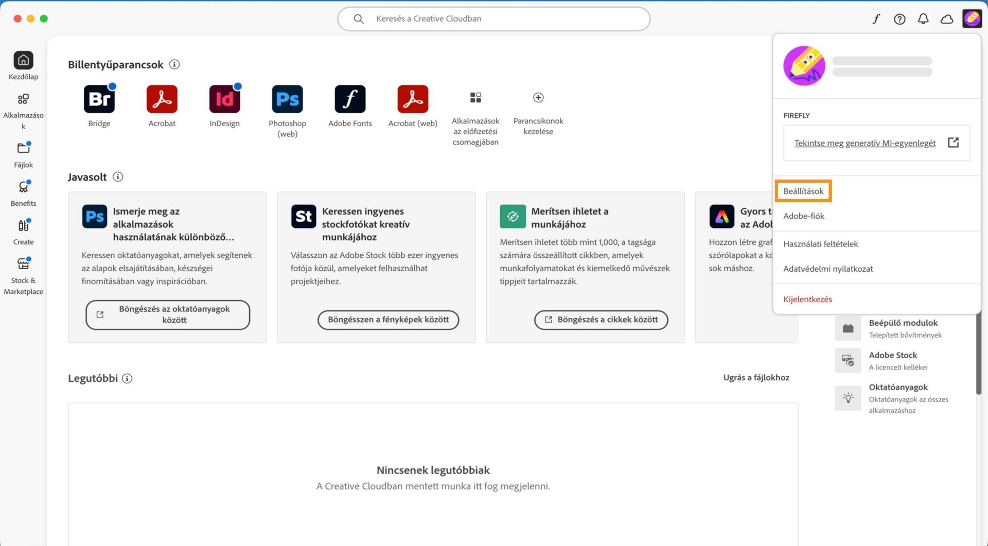 A Fiók legördülő menüben olyan opciók láthatók, mint a Beállítások, Kijelentkezés és Adobe-fiók. 