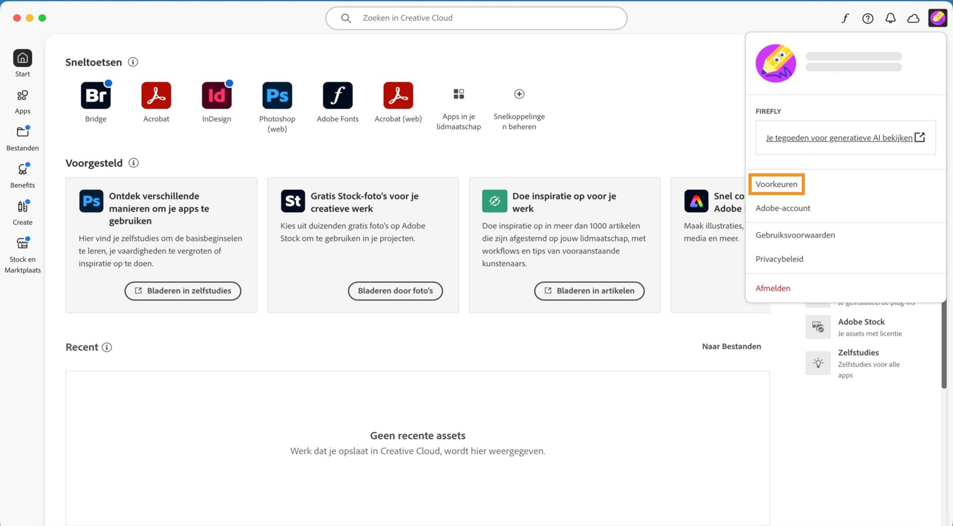 De vervolgkeuzelijst Account bevat opties zoals Voorkeuren, Afmelden en Adobe-account. 