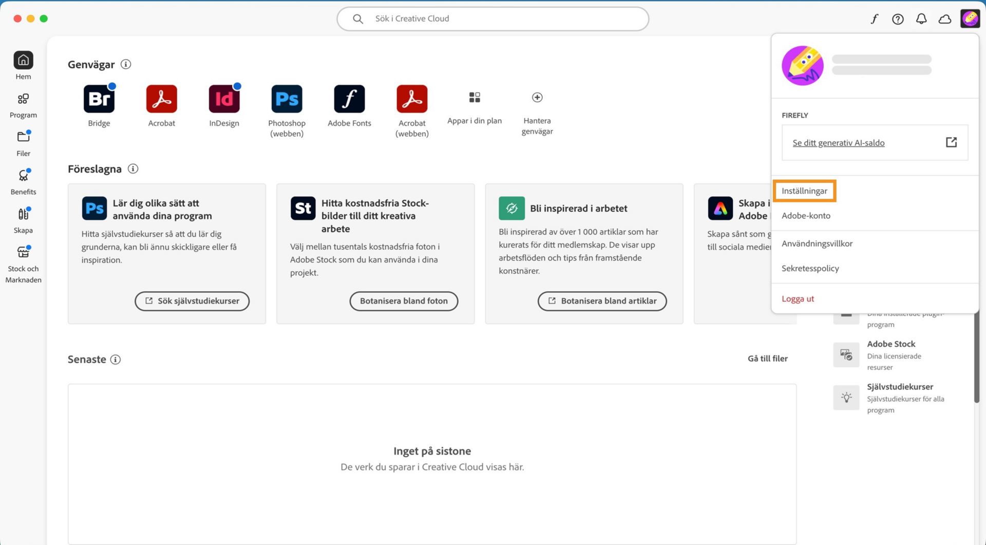 I listrutan Konto visas alternativ som Inställningar, Logga ut och Adobe-konto. 