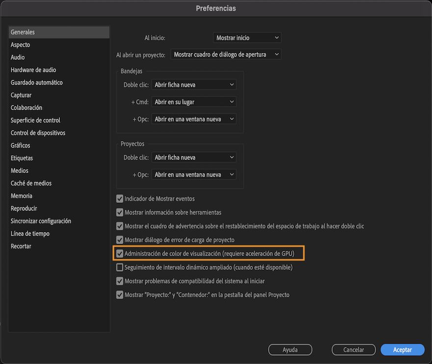 Activación de la gestión de color en Premiere Pro