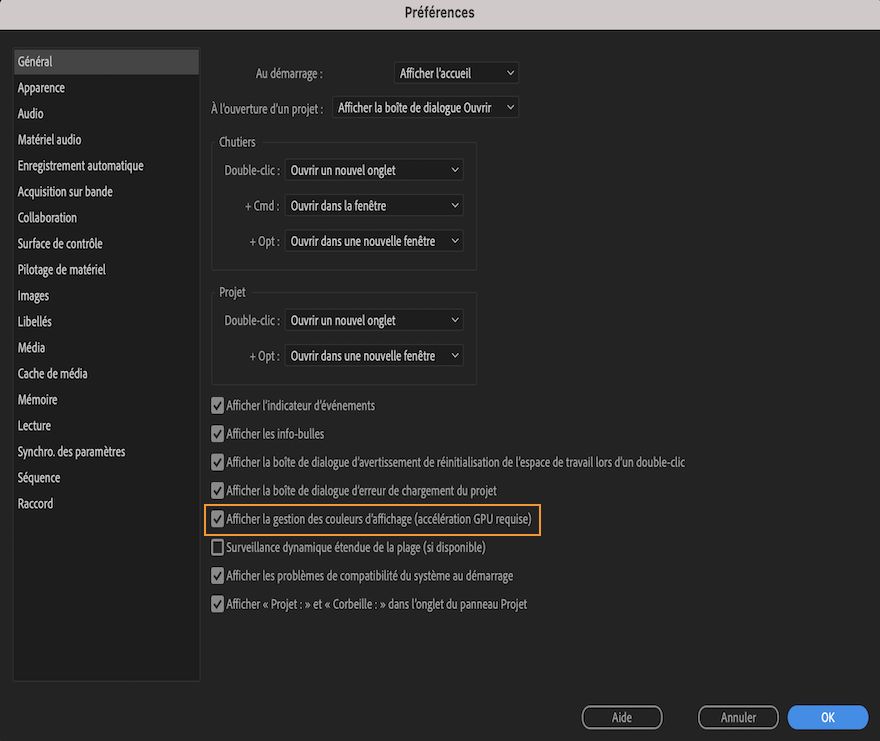 Activation de la gestion des couleurs dans Premiere Pro