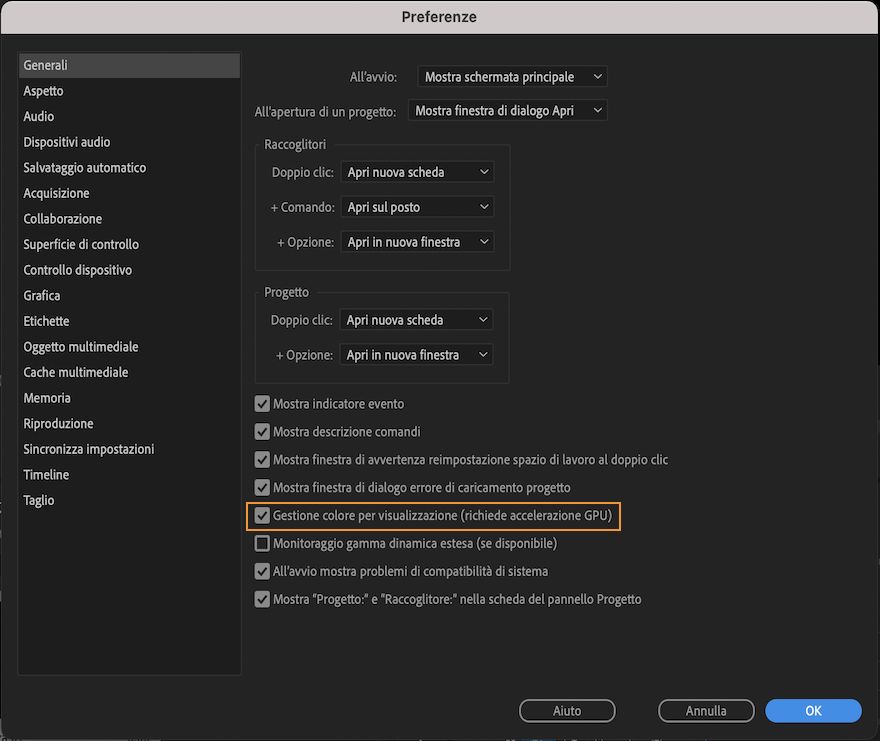 Attivare la gestione del colore in Premiere Pro