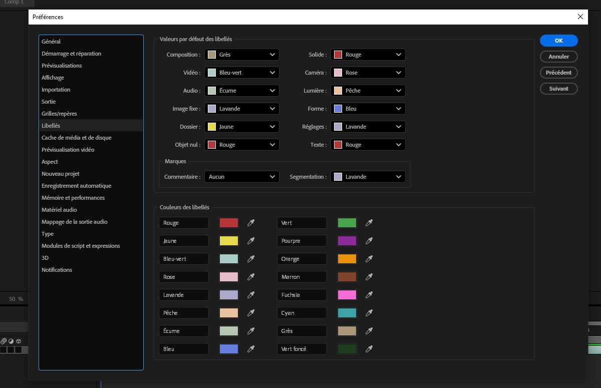 La boîte de dialogue Préférences affiche les détails des libellés à configurer, y compris Valeurs par défaut des libellés et Couleurs des libellés.