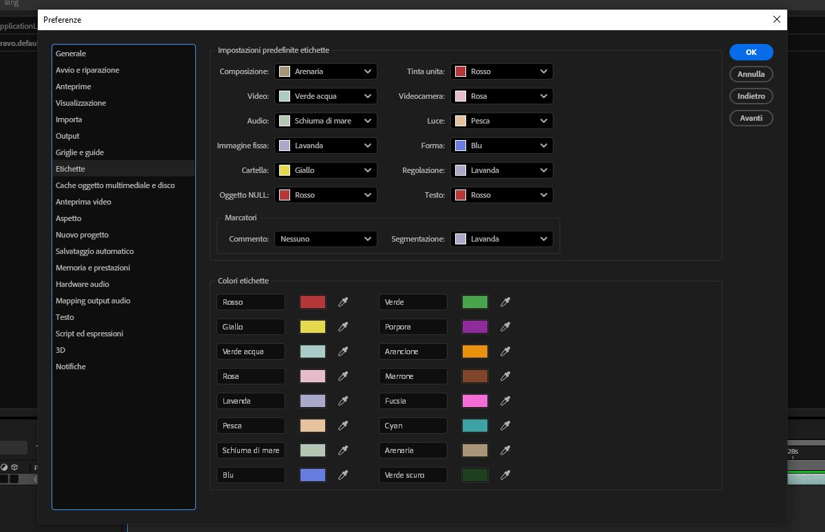 La finestra di dialogo Preferenze mostra i dettagli delle etichette da configurare, compresi i predefiniti e i colori delle etichette.