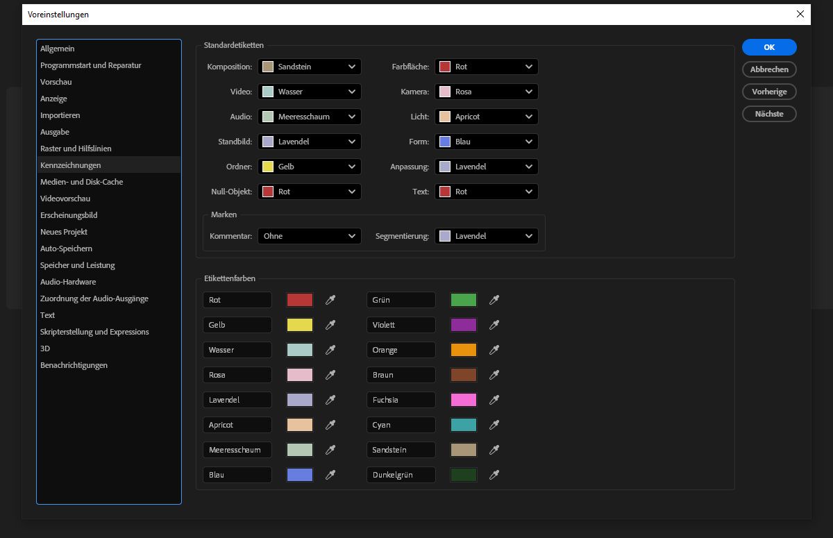 Im Dialogfeld „Voreinstellungen“ werden die zu konfigurierenden Kennzeichnungsdetails, einschließlich „Standardetiketten“ und „Etikettenfarben“, angezeigt.