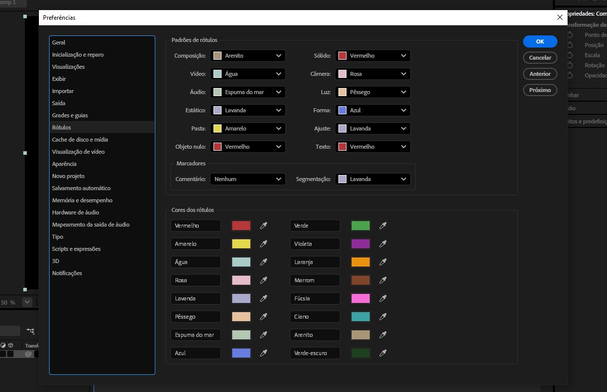A caixa de diálogo Preferências mostra detalhes dos rótulos para configurar, incluindo padrões de rótulos e cores de rótulos.
