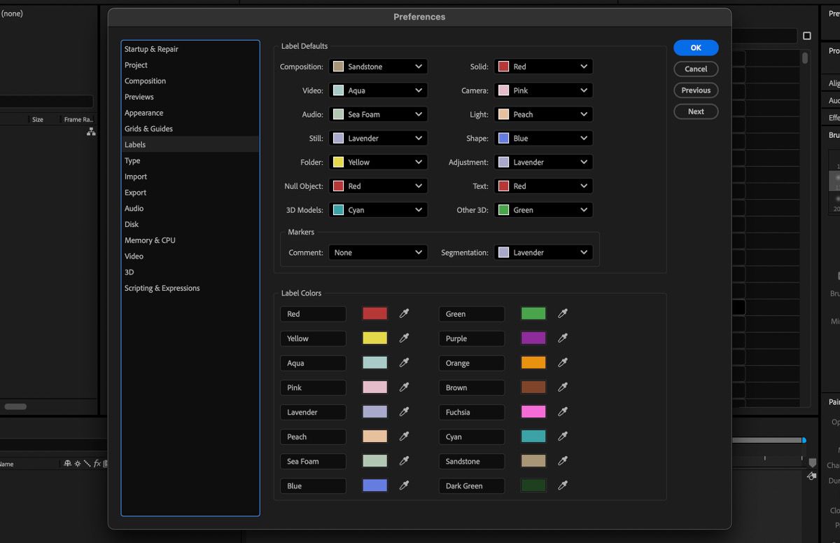 The Preferences dialog box shows Labels details to configure including Label Defaults and Label Colors.