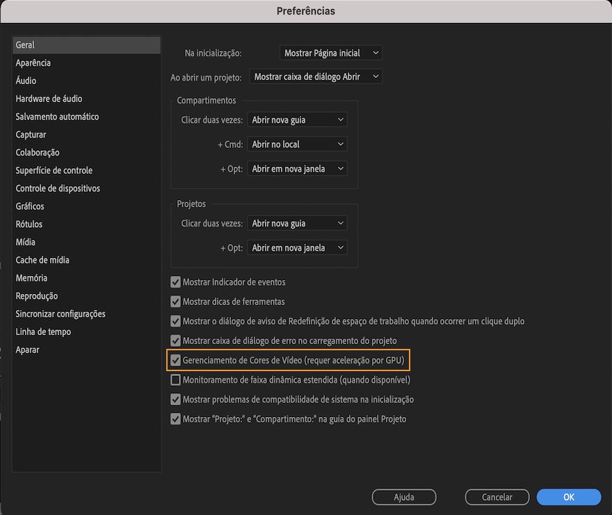 Ativação do gerenciamento de cores no Premiere Pro