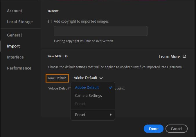 Ange standardinställningar för foton med Raw-format