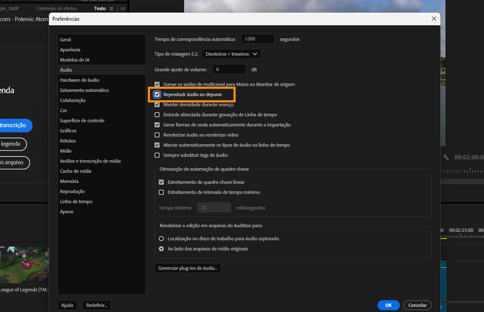 A caixa de diálogo Preferências aberta com o painel Áudio exibido e a opção Reproduzir áudio ao depurar realçada.