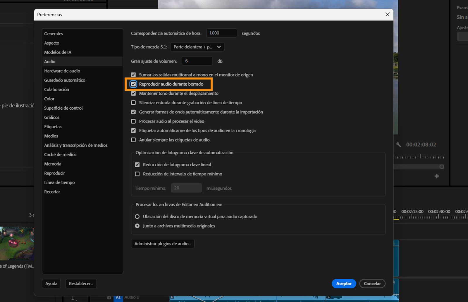 Se abre el cuadro de diálogo Preferencias, se muestra el panel Audio y se destaca la opción Reproducir audio durante borrado.