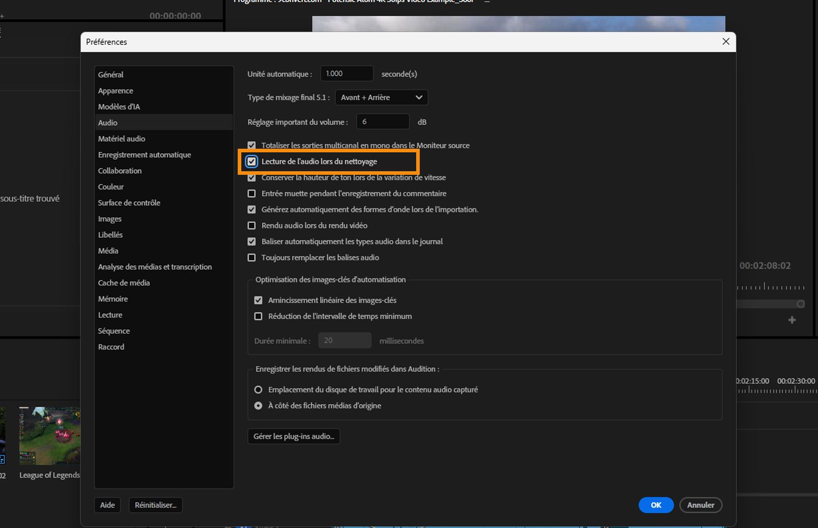 La boîte de dialogue Préférences est ouverte, le panneau Audio est affiché et l’option Lecture audio lors du défilement est mise en surbrillance.