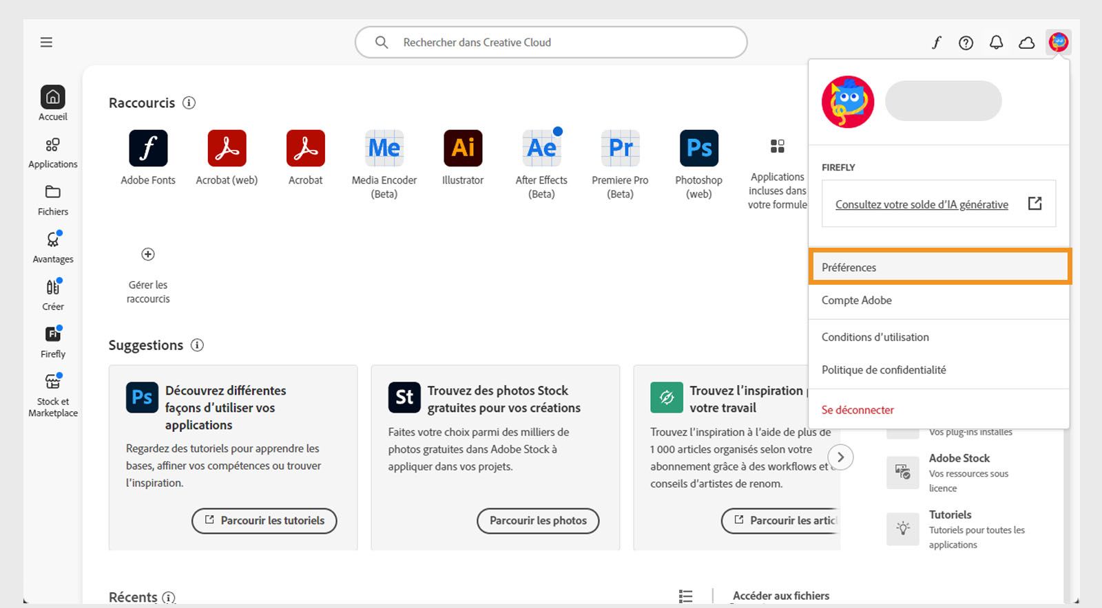 L'application Creative Cloud affiche le menu déroulant du compte avec une mise en surbrillance de l'option Préférences.