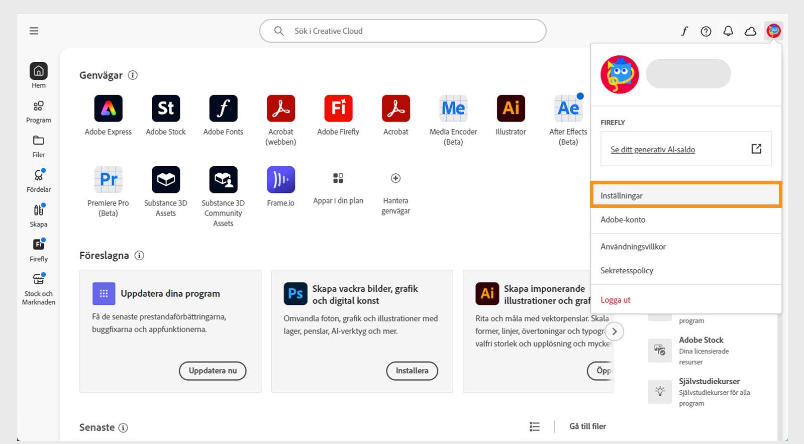 Creative Cloud-datorprogrammet visar kontots rullgardinsmeny med en markering över alternativet Inställningar.