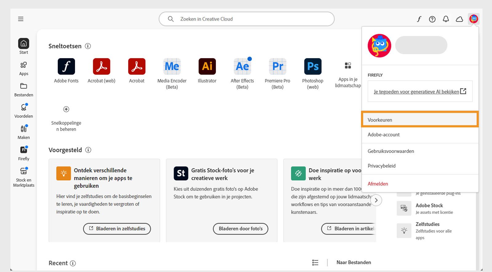 De Creative Cloud desktopapplicatie toont het account-vervolgkeuzemenu met een markering over de optie Voorkeuren.