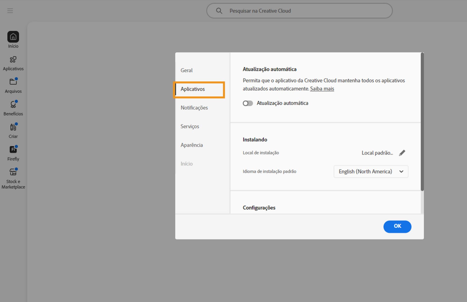 Painel de preferências da Adobe Creative Cloud aberto na guia “Aplicativos”, mostrando opções de atualização automática, local de instalação e uso de largura de banda.