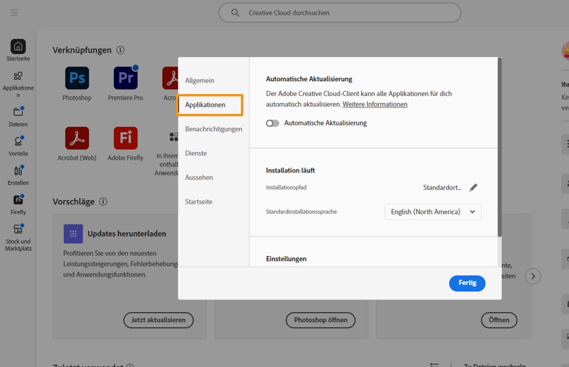 Das Einstellungsfenster von Adobe Creative Cloud wird auf der Registerkarte „Apps“ geöffnet und zeigt Optionen für die automatische Aktualisierung, den Installationsort und die Bandbreitennutzung an.