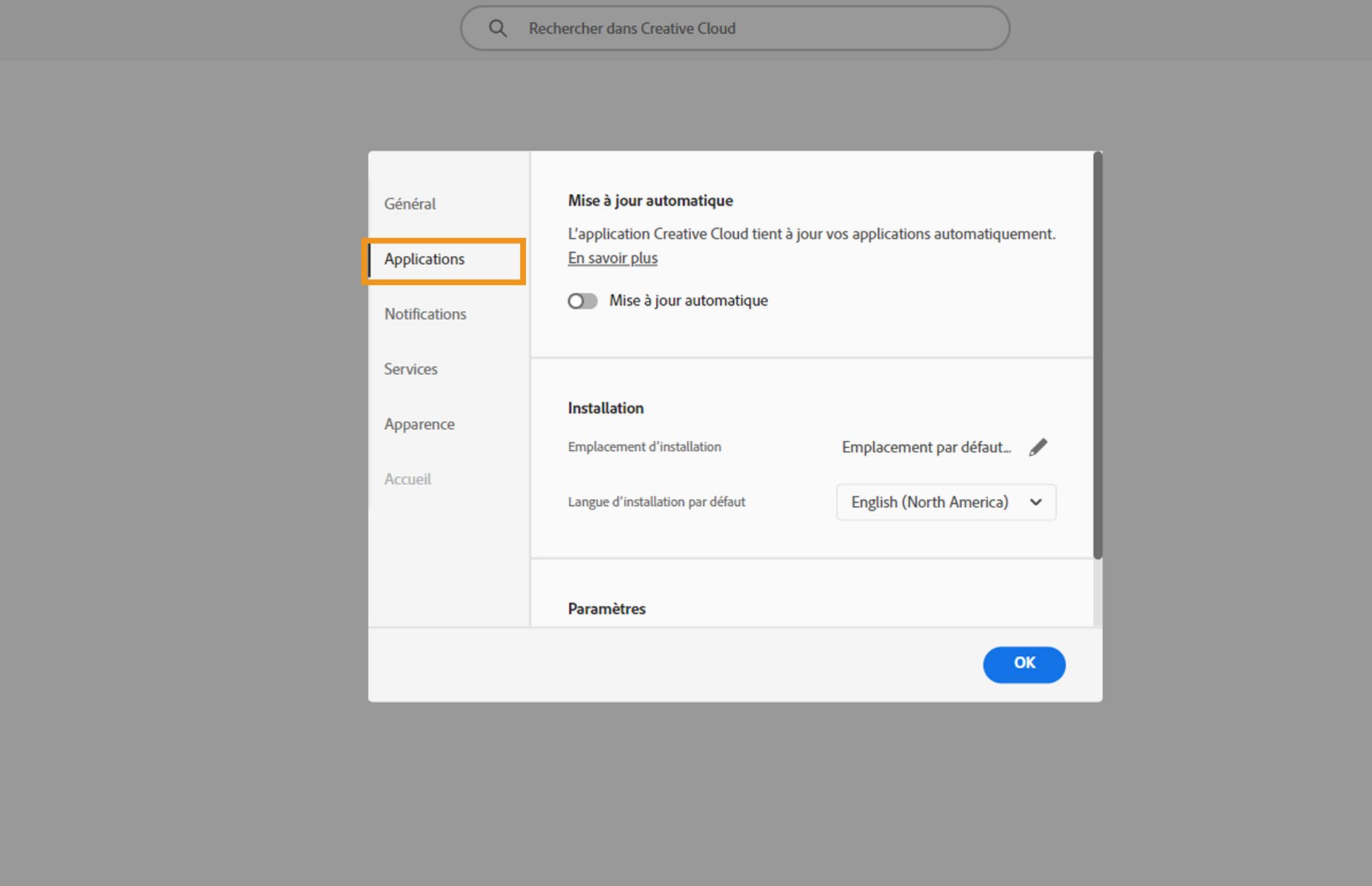 Panneau des préférences d'Adobe Creative Cloud ouvert sur l'onglet « Applis », affichant les options de mise à jour automatique, d'emplacement d'installation et d'utilisation de la bande passante.