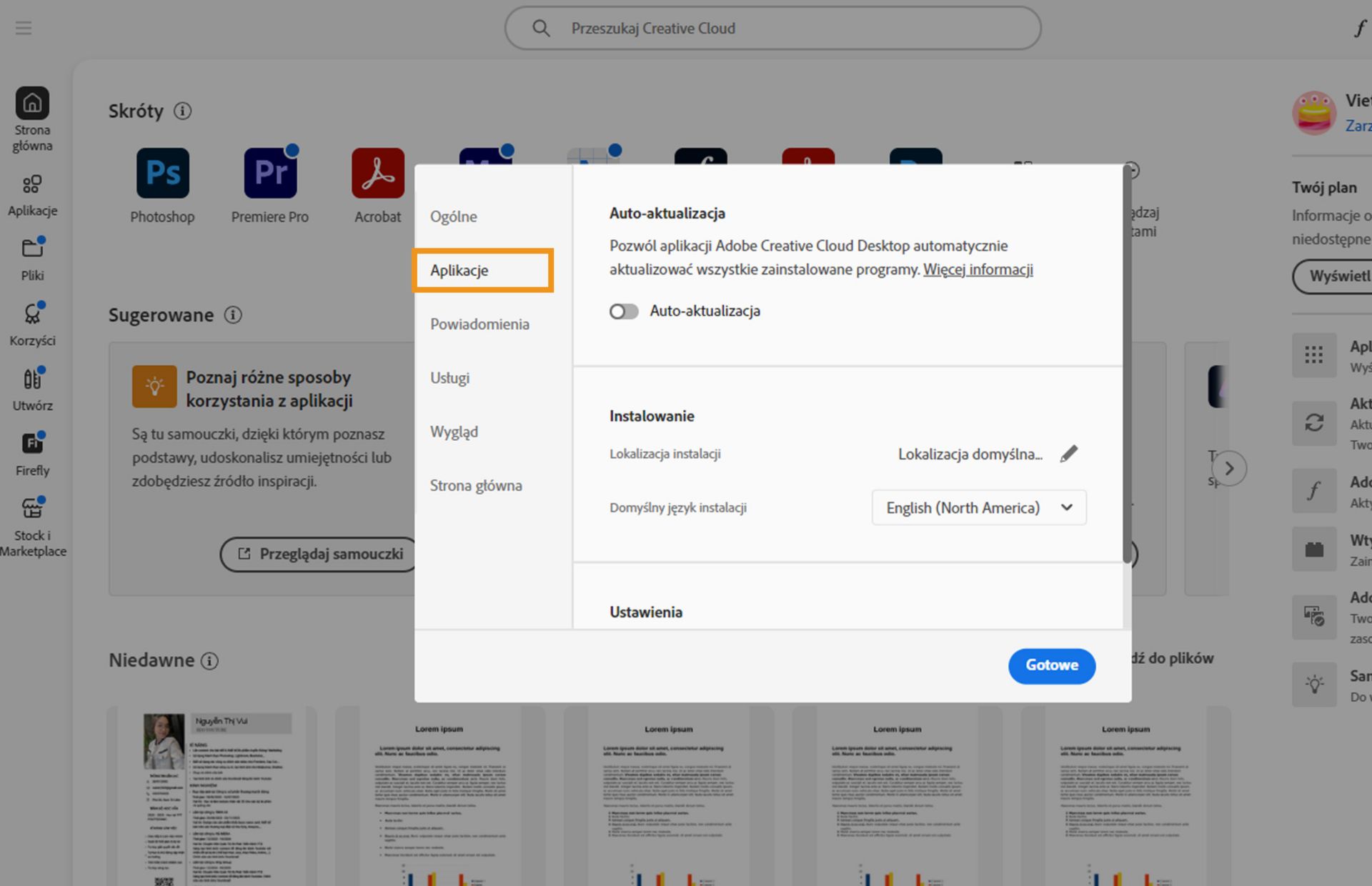 Panel preferencji Adobe Creative Cloud otwarty na karcie „Aplikacje&quot;, pokazujący opcje automatycznej aktualizacji, lokalizacji instalacji i wykorzystania przepustowości.