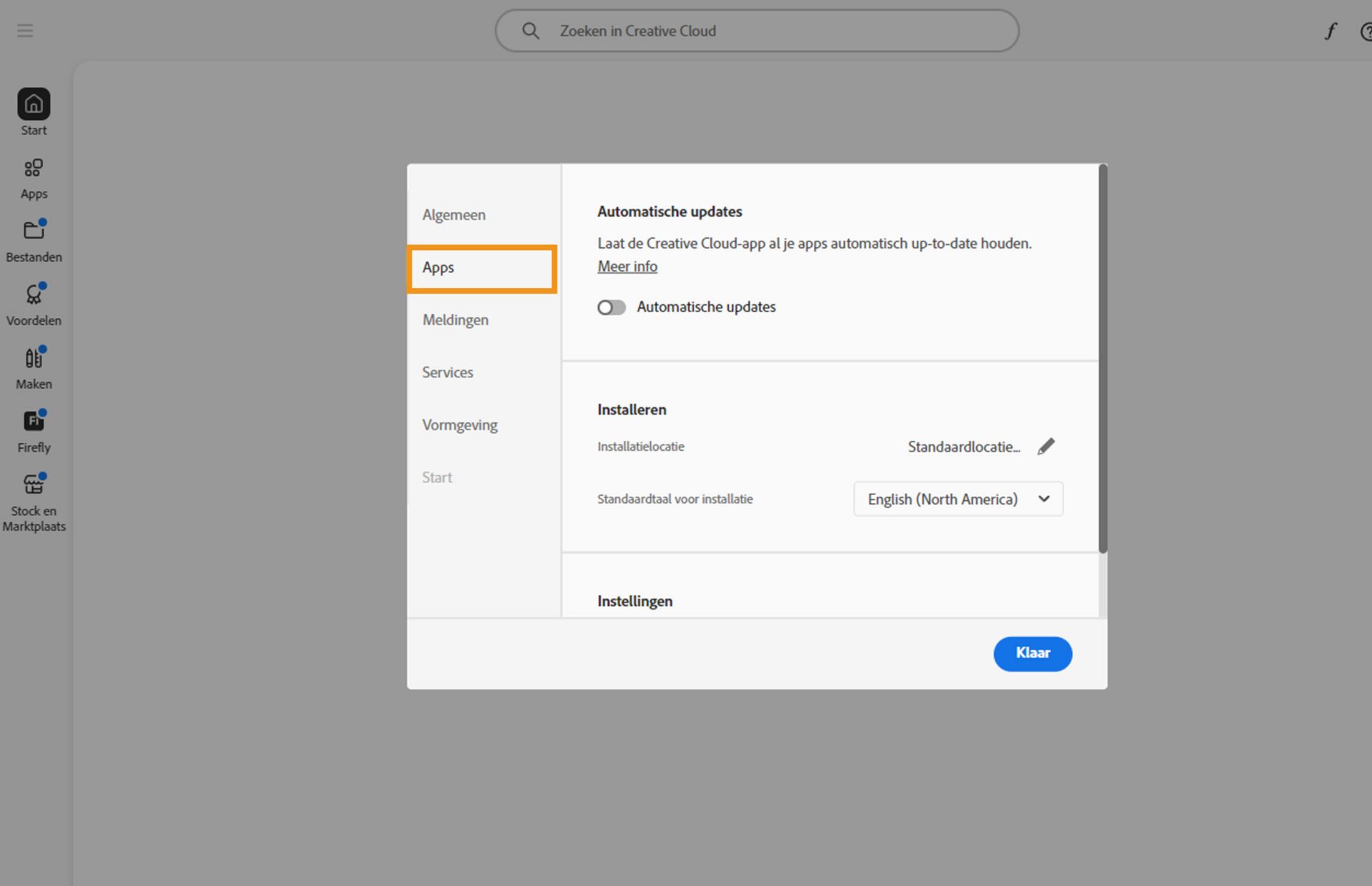 Het deelvenster Voorkeuren van Adobe Creative Cloud is geopend op het tabblad Apps met opties voor automatisch bijwerken, installatielocatie en bandbreedtegebruik.