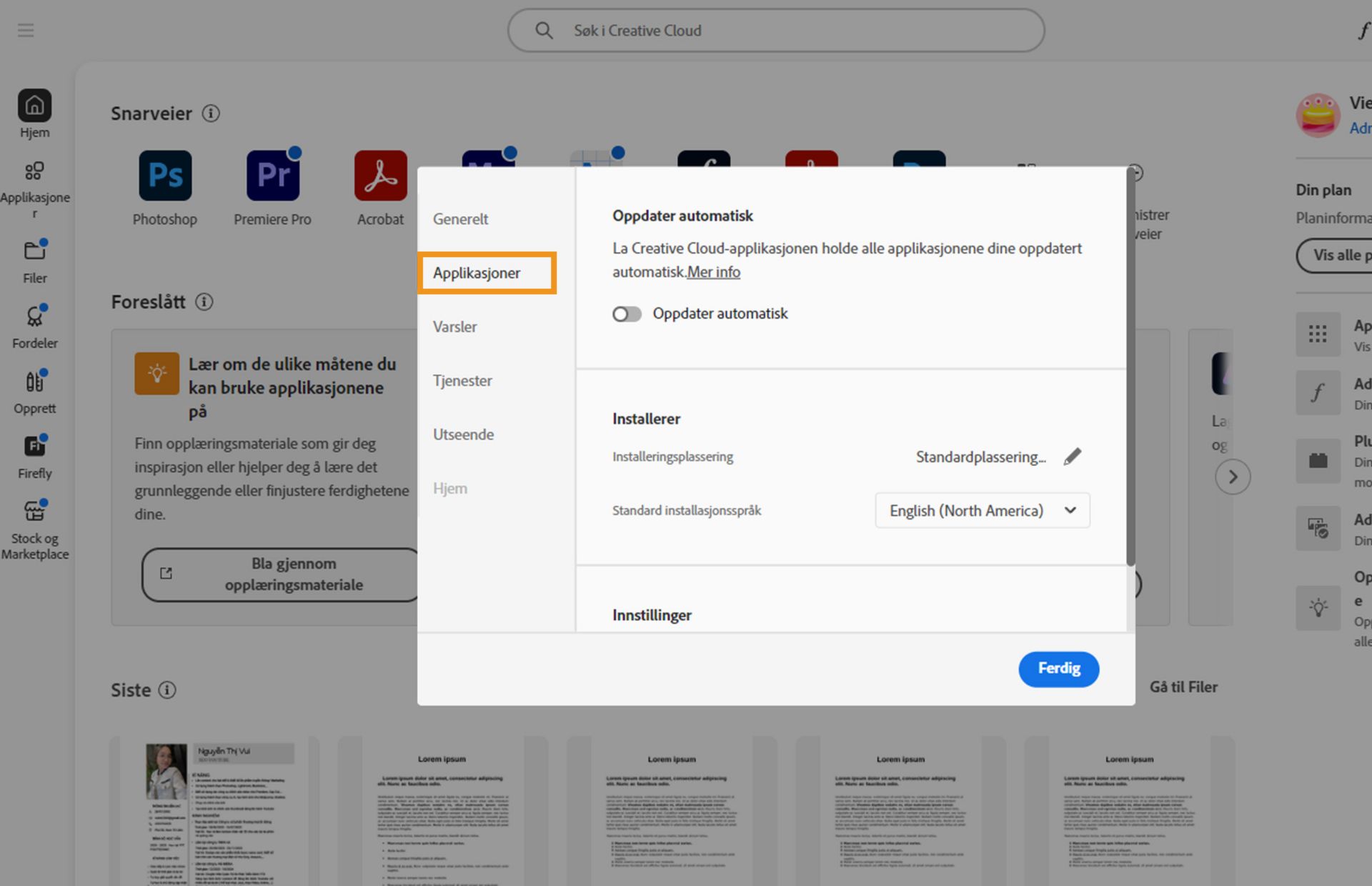 Adobe Creative Cloud-innstillingspanelet åpent på «Apper»-fanen, som viser alternativer for automatisk oppdatering, installasjonssted og båndbreddebruk.